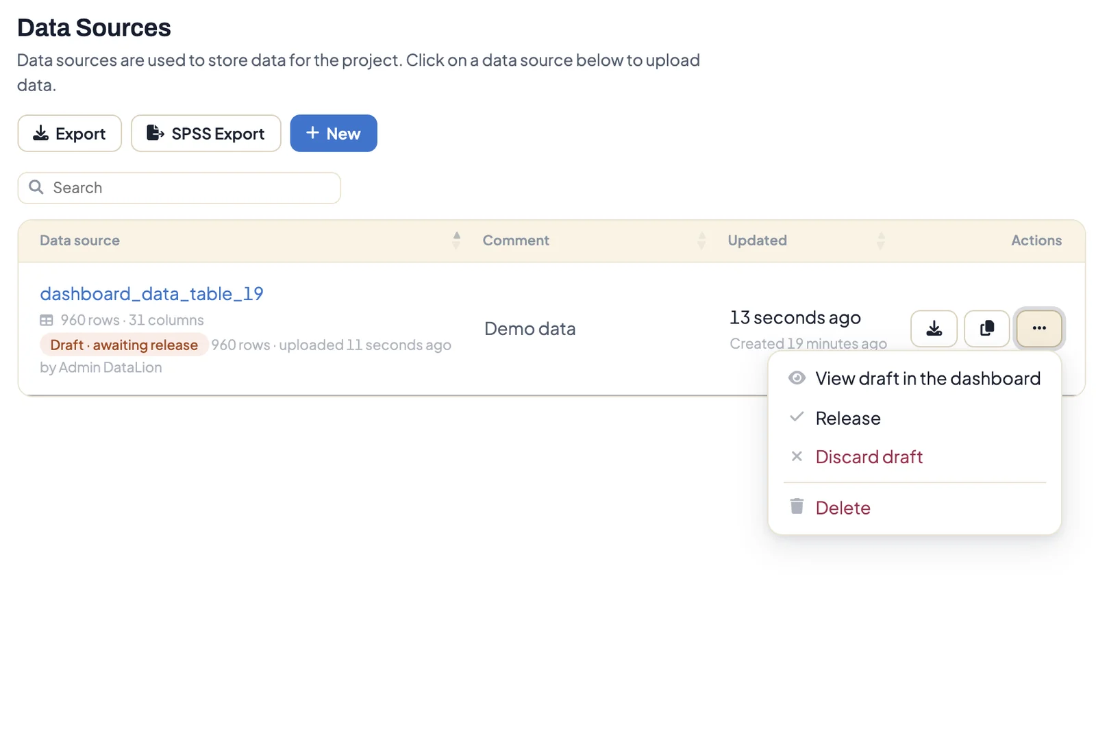 Data source list with the Draft · awaiting release badge and the open action menu with Release and Discard draft