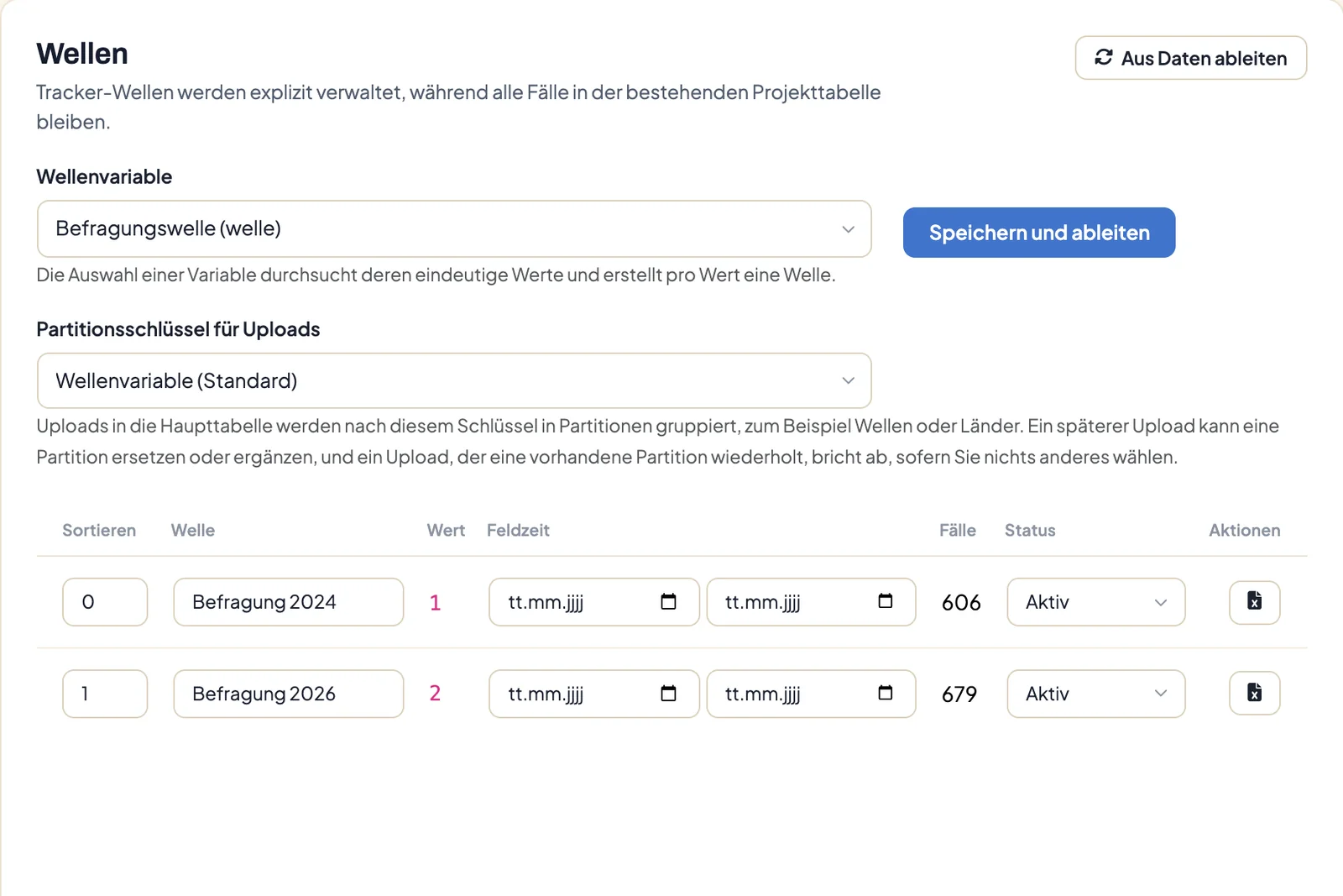 Seite Wellen eines Projekts mit Wellenvariable und dem Feld Partitionsschlüssel für Uploads