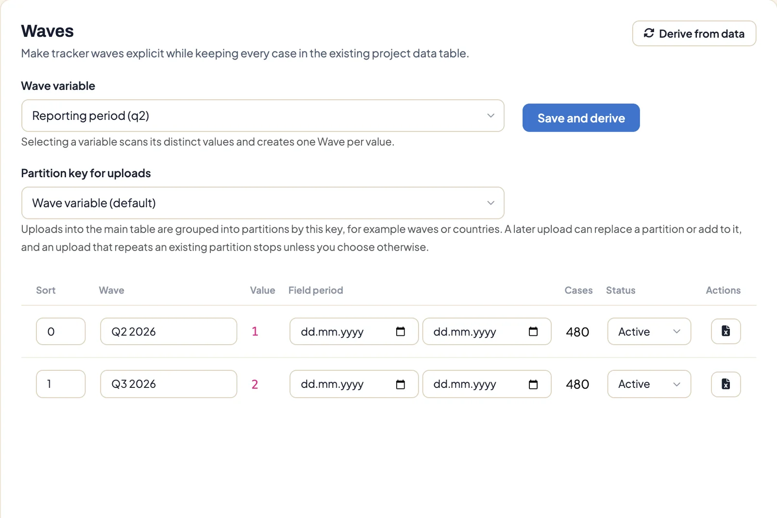 Waves page of a project with the wave variable and the Partition key for uploads field