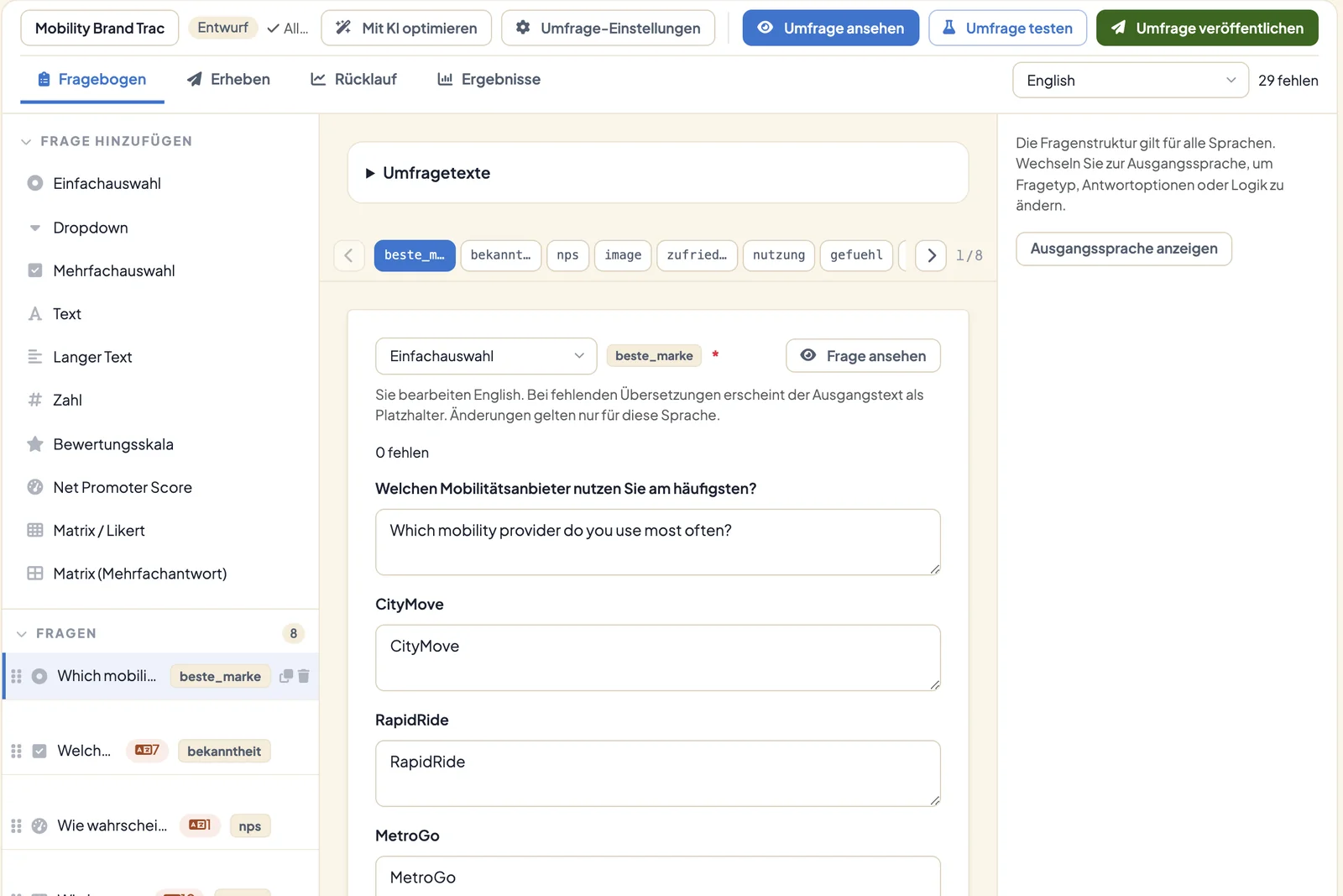 Fragebogen-Editor in DataLion mit der Fragebogensprache English, 29 fehlenden Übersetzungen und der übersetzten ersten Frage