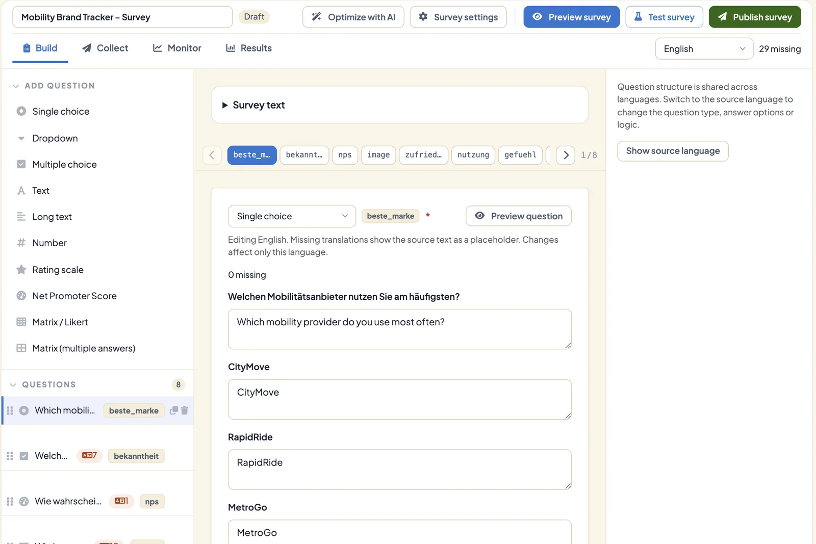 DataLion questionnaire builder set to English, with 29 missing translations and the first question translated