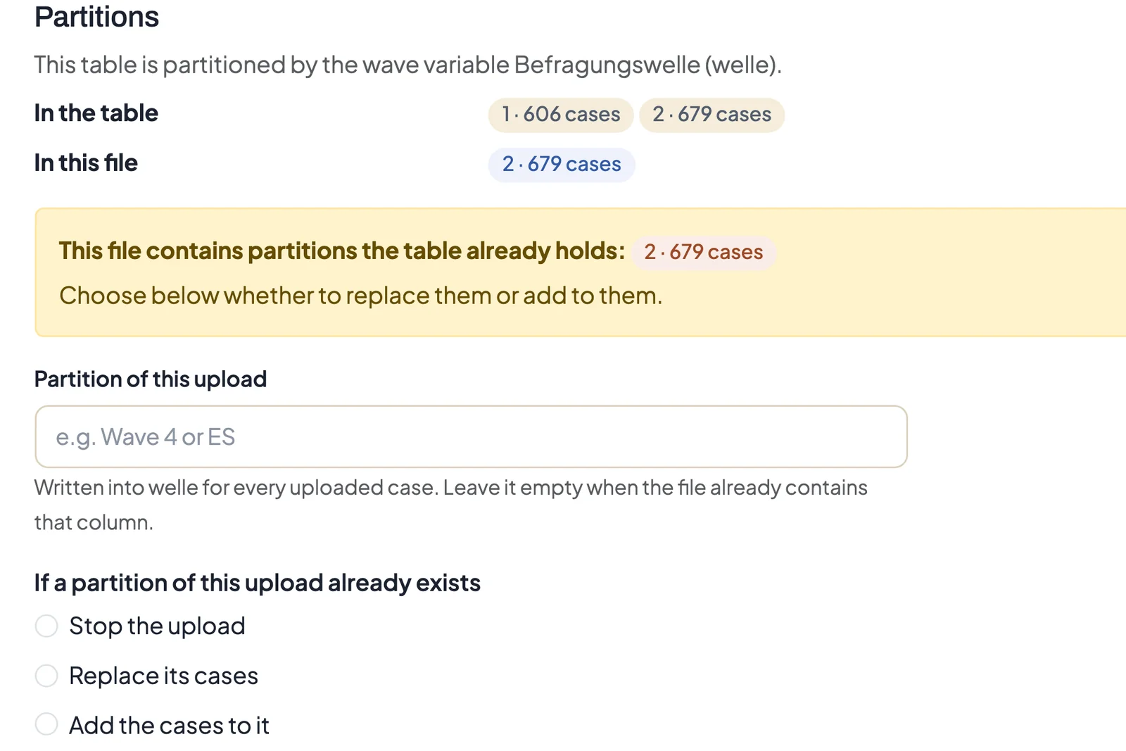 DataLion upload preview with partitions in the table and the file, a warning about the repeated 2026 wave, and three options