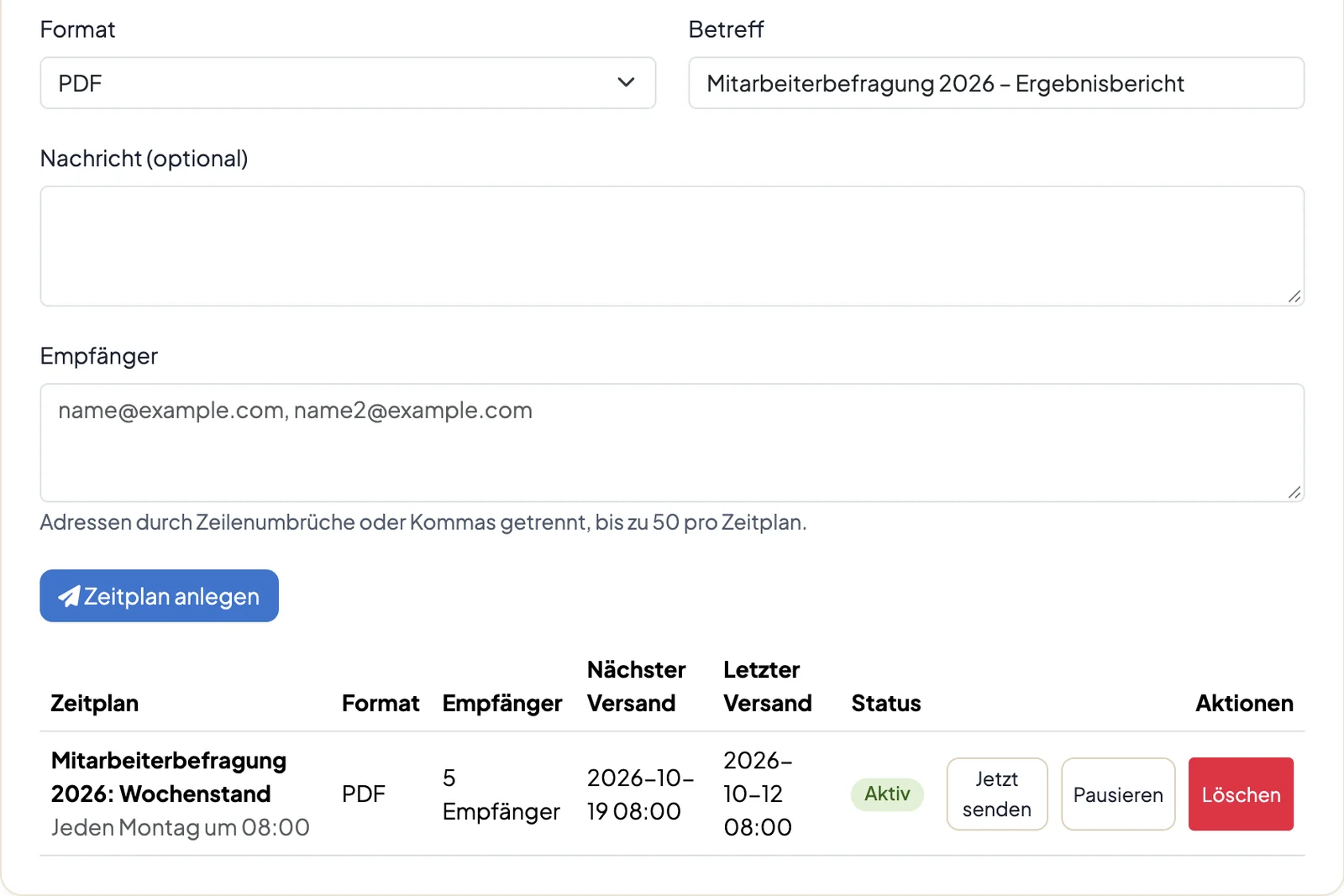 Abschnitt Versand im Report-Editor von DataLion mit Format, Betreff, Empfängerfeld und einem aktiven wöchentlichen Zeitplan