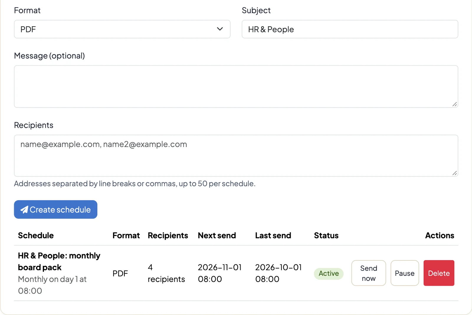 Delivery section of the DataLion report editor with format, subject, recipients field and an active monthly schedule