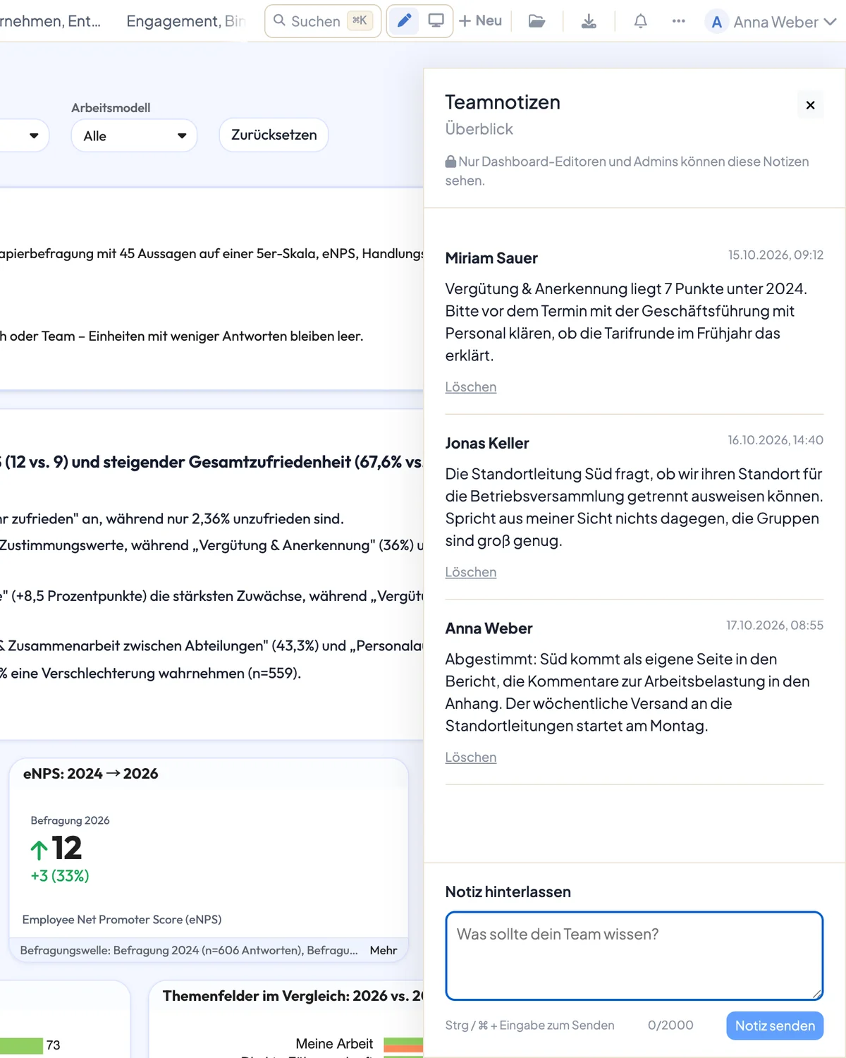 Seitenleiste Teamnotizen mit drei Notizen von Miriam Sauer, Jonas Keller und Anna Weber und einem Eingabefeld für eine neue Notiz